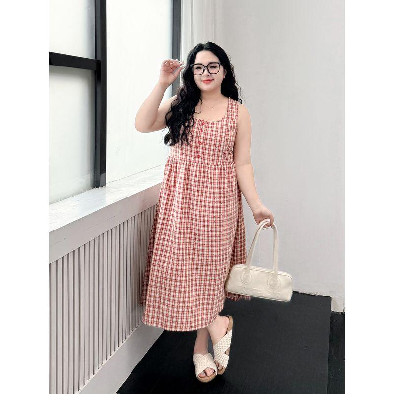 Plus size women clothing [Scotland Island] Chubby Girl Summer Holiday Style Plaid High Waist Meat Covering Loose Vest Dress