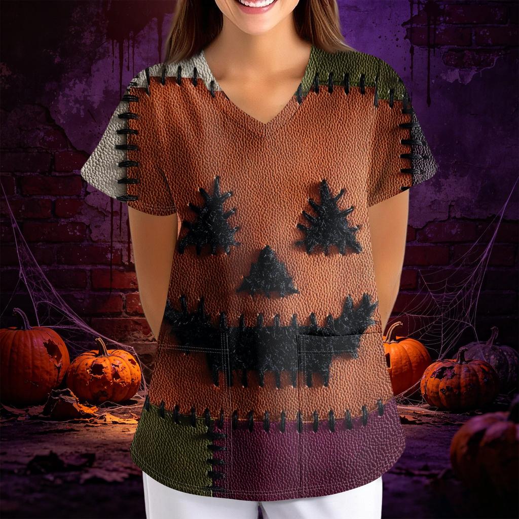 Women Halloween Print Loose Fit V Neck Short Sleeve Top with Pocket Comfortable Fabric for Work or Casual Wear