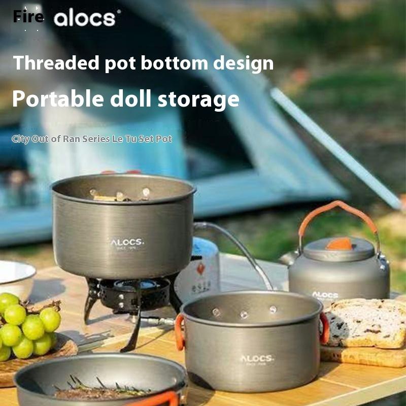 ALOCS Outdoor-Camping 4-in-1-Camping-Kochgeschirr – Topf mit Gewindeboden, ineinander stapelbares Design, Familiencamping (2,2 l + 1,4) L Topf + Bratpfanne + Wasserkocher