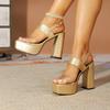 Gold Word with Waterproof Table Large Size European Size Thick Heel Square Head Super High Heel Simple Thick-soled Women's Sandals