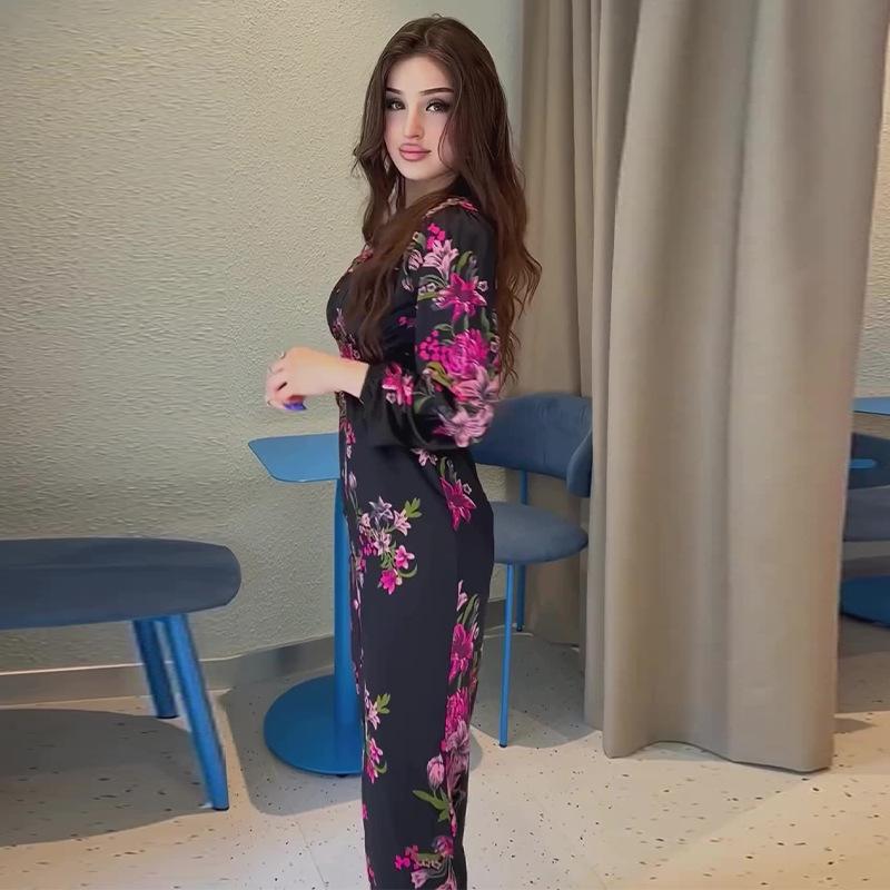 2024 Fall European & American Women's Fashion Printed High Slit Long Sleeve Dress