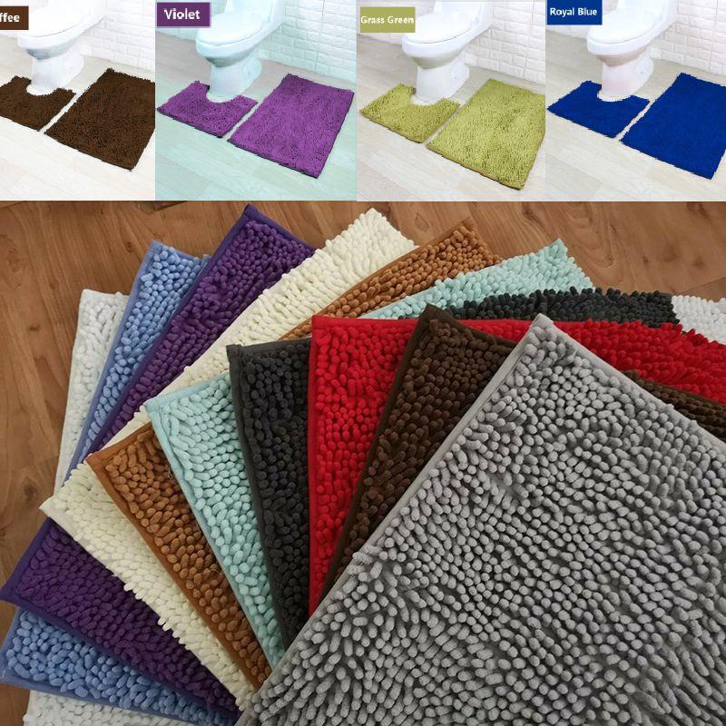 2 Piece Bath Mat Set Non Slip Toilet Pedestal Soft Foam Shaggy Rug Chenille