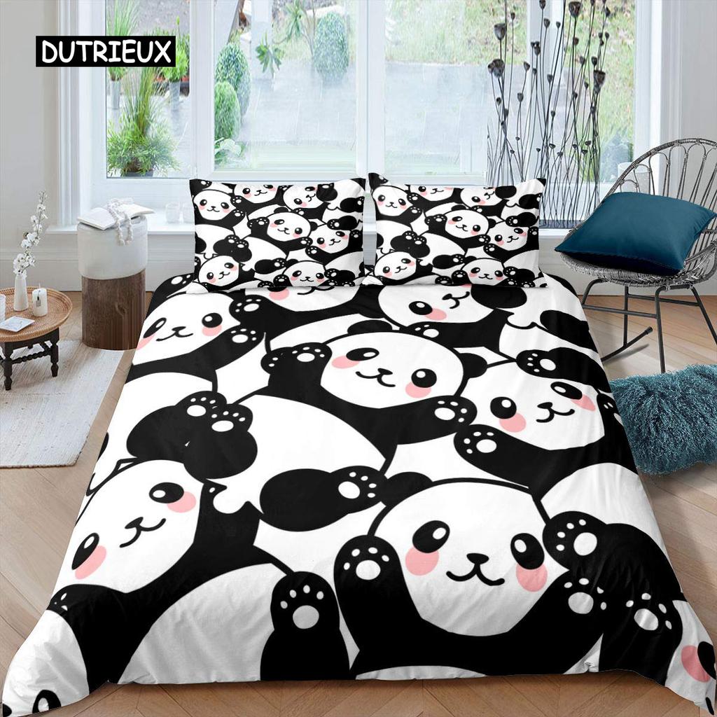 Panda Duvet Cover Set Cherry Blossoms Cute Animal Bedding Set Flower Branches Cartoon Double Queen King Polyester Quilt Cover
