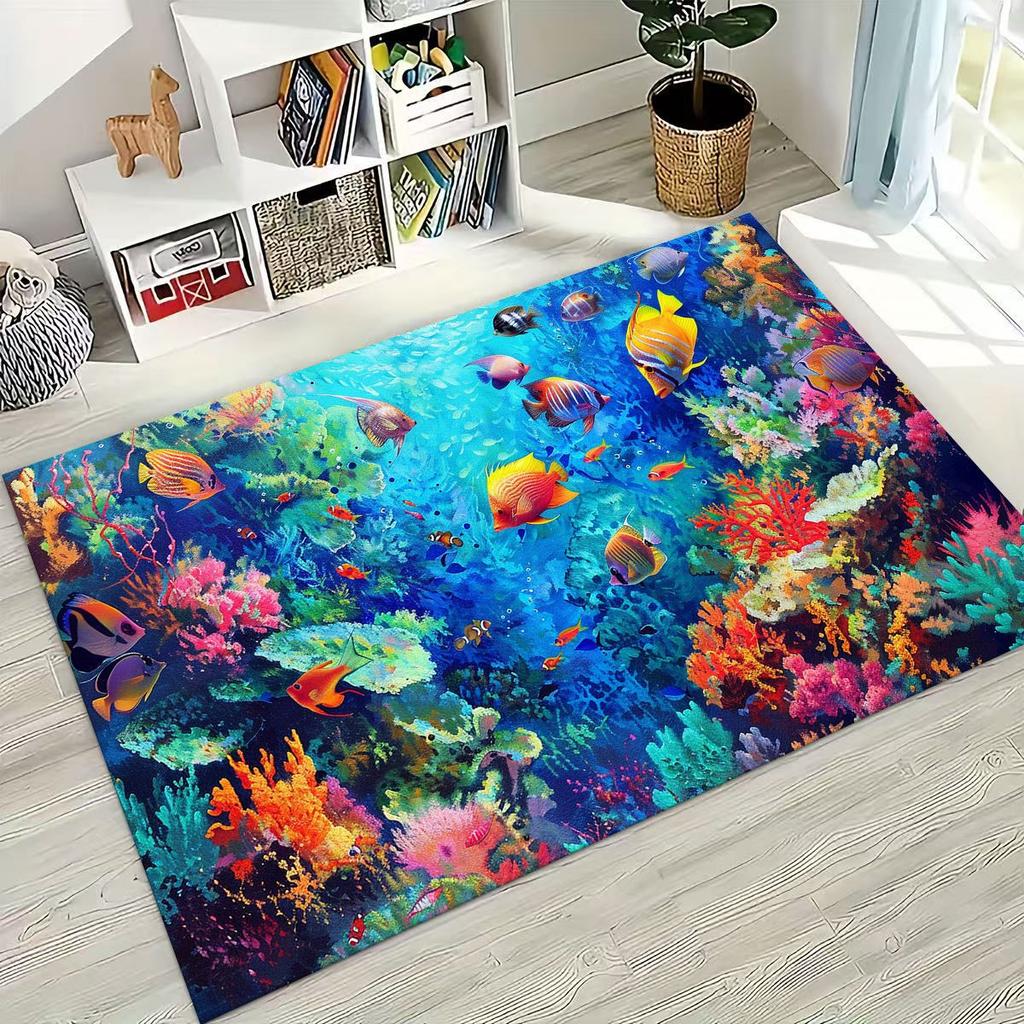 Dream Underwater World Sea Dolphin Turtle Coral Art Rug for Bedroom Living Room Sofa Home Doormat Decor,Kids Non-slip Floor Mat
