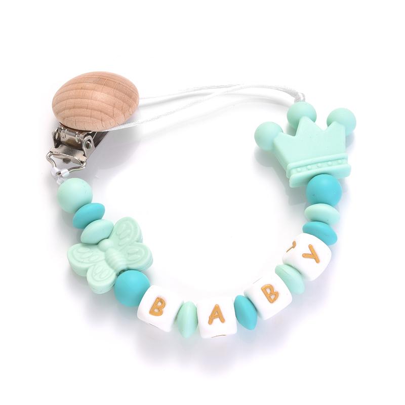 Round Wood Baby Dummy Holder Clip Crown Butterfly Silicone Beaded Teether Custom English Letter Name Pacifier Chain Nursing Toy