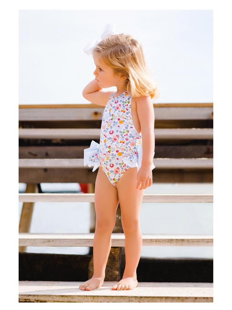 Summer Girls' One-Piece Swimsuit: Cute Blue and Pink Print