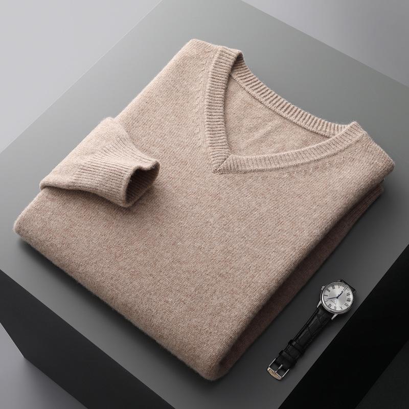 Men's Wool V-neck Sweater - Casual Loose Fit, Long Sleeve, Autumn/Winter Knitted Outerwear.