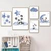 Blue Panda Elephant Moon Cloud Stars Nursery Posters Art Prints Canvas Painting Wall Pictures For Baby Kids Room Home Decoration
