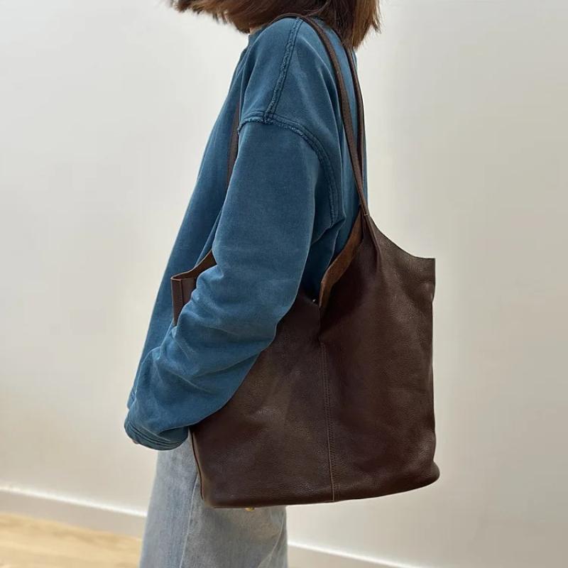 Johnature Borsa Tote Casual Fatta a Mano Versatile Borsa a Spalla da Pendolarismo Grande Capacità Vera Pelle Borsa