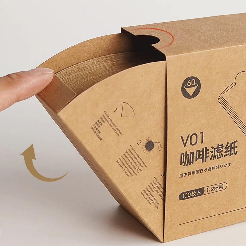 100pcs Wood Pulp Coffee Filter Paper, Conical Unbleached V01/V02 for Hand Brew & Espresso Machine, Portable & Eco-Friendly