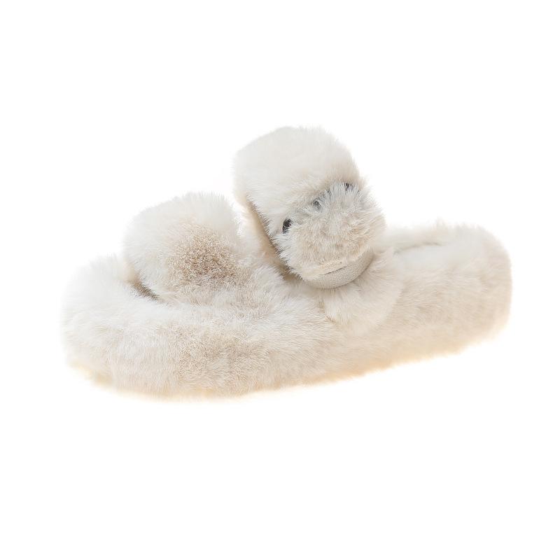 Fashion Fairy Girls Fur Pantuflas Women Big Size 42/43 Shoes Winter White Wool Slides Home Flats Platform Loafers Buckle Strap Sandals