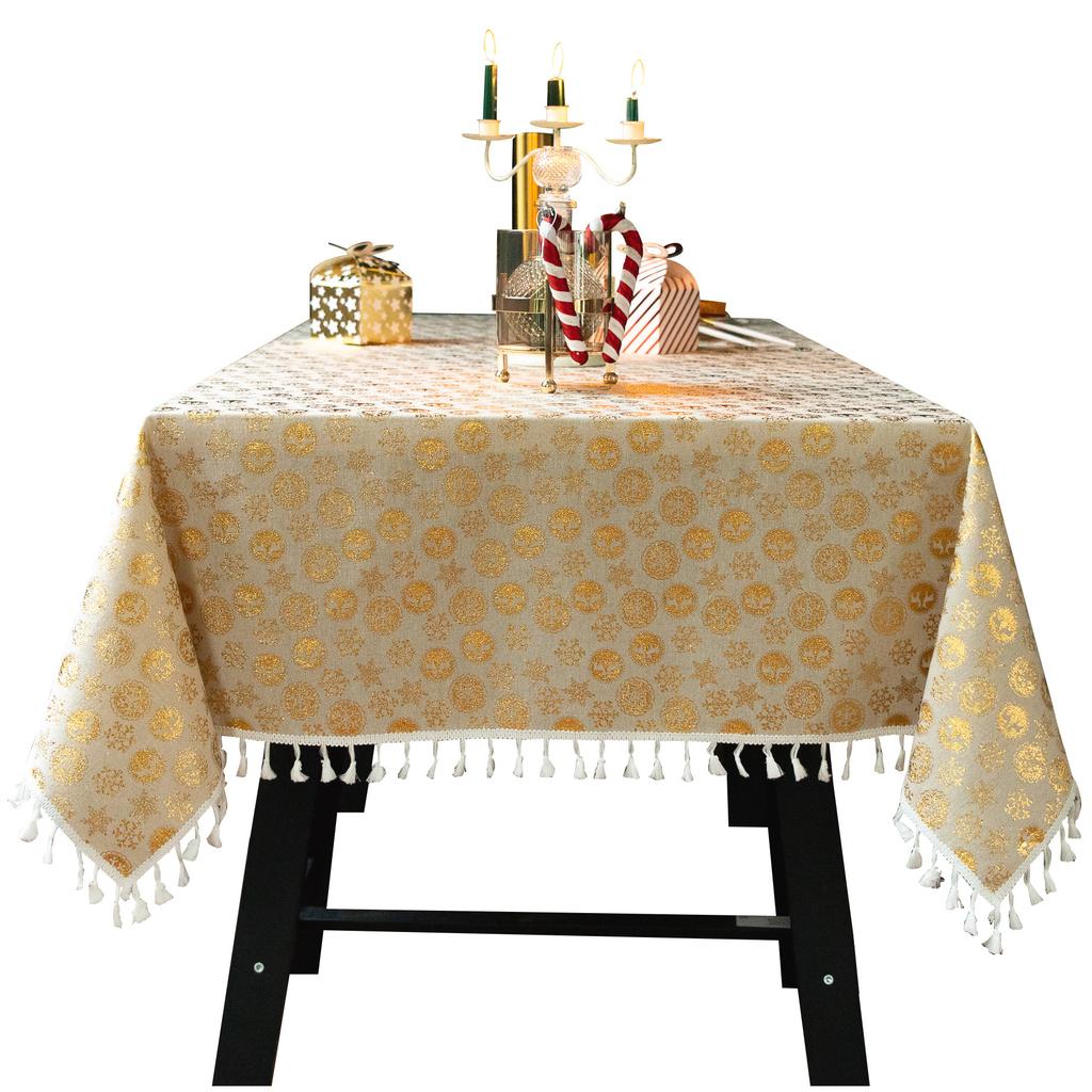 Amazon Christmas Holiday Tablecloth Bronzing Printing Fabric Cotton And Linen Dining Table Cover Hotel Dust Table Cloth