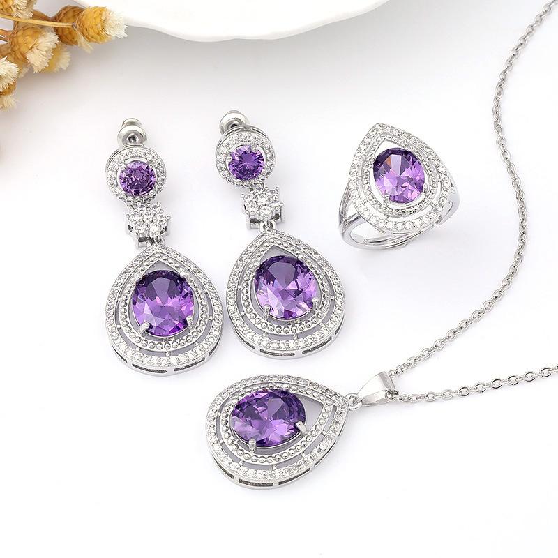 

European and American Water Drop Zircon Three-piece Necklace, Earrings, Ring Set, Multi-color Bridal Wedding Fashion Jewelry 2026 Resizable фиолетовый