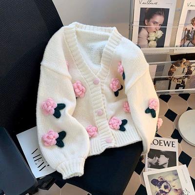 Three Dimensional Flower Loose Knit Cardigan Short Sweater Women's Coat