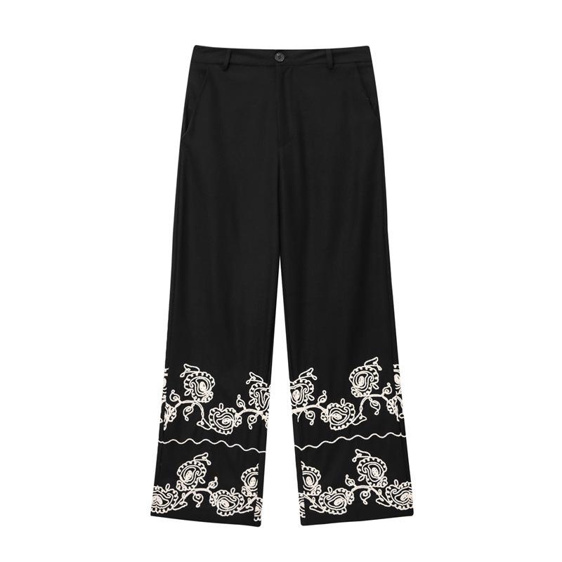 2025 European & American Women's Casual Linen-Blend Embroidered Top & Wide-Leg Pants Set