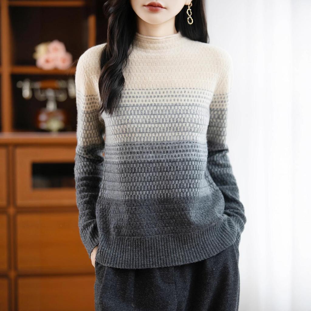 Women's 100% Wool Waffle Knit Color-Block Sweater - Retro Diamond Pattern, Loose Fit for Autumn/Winter
