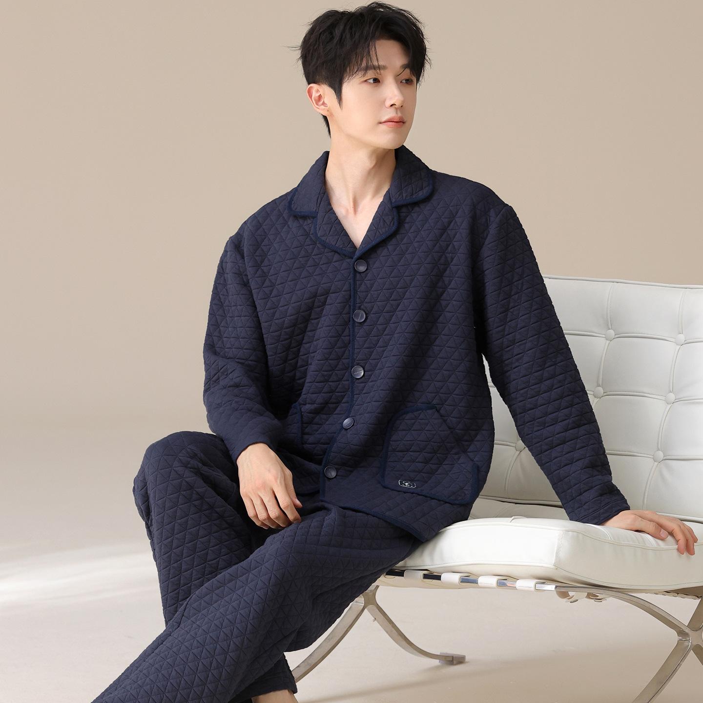 

Air Cotton Mezzanine Pajamas Men S Autumn And Winter Cotton Long-Sleeved Thickened Loungewear Suit 3XL
