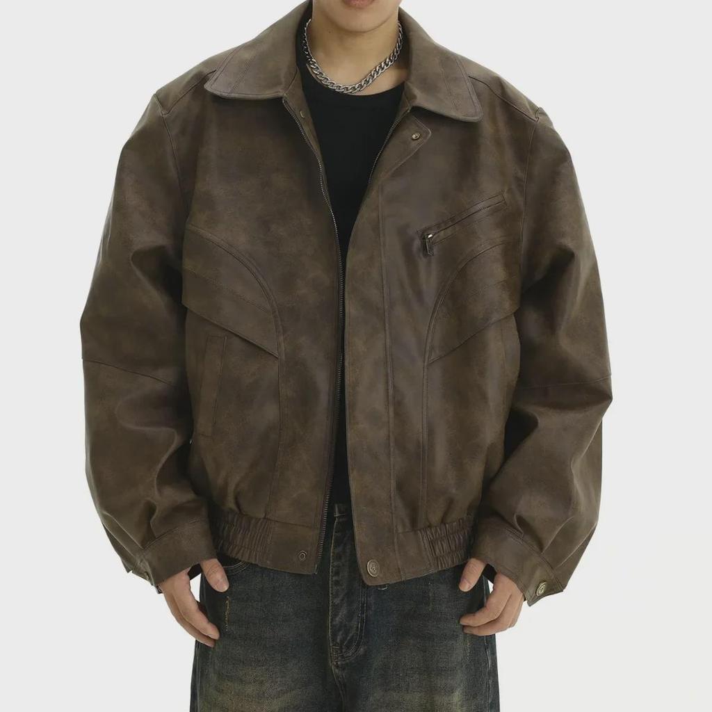 Men's Trendy Retro Brown Distressed Leather Jacket - Cool Design, Casual Lapel, Perfect for Couples