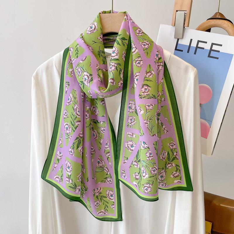 Retro Green Silk Big Streamer Mulberry Silk Silk Scarf Women'S Long High-End Double Crepe Scarf Gift Elder Mother