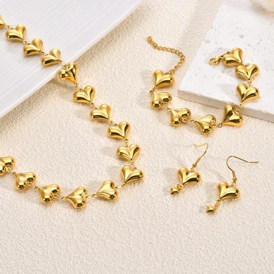 European and American Titanium Steel 18k Gold Heart Jewelry Set (Necklace, Bracelet, Earrings) - Clavicle Chain Light Luxury