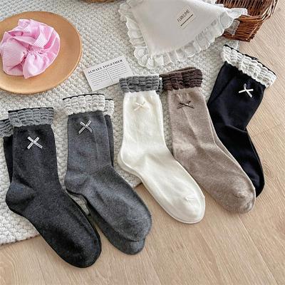 Female Spring and Autumn Retro Color Bow Wooden Ear Edge Boneless In The Tube Pile Pile Cotton Socks