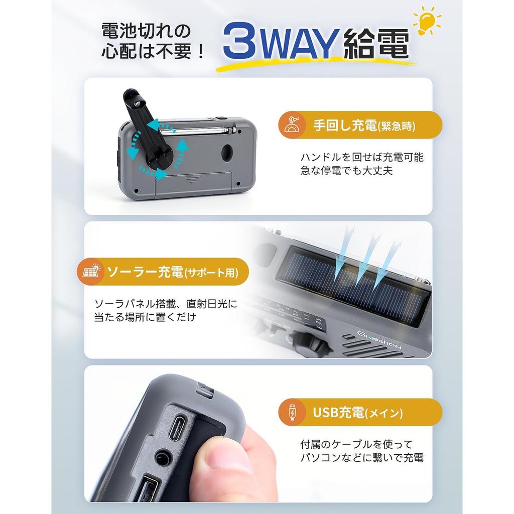 Greeshow Emergency Solar Hand Crank Radio AM/FM/SW with LED Flashlight SOS Alarm 2000mAh Power Bank