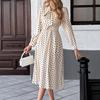 European & American Retro Polka Dot Mid-length Dress with Bow Collar & Waist-Cinching Fit