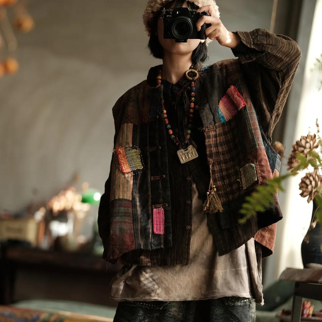 Johnature Women Vintage Winter Coats Patchwork Patch Color O-Neck Button Chinese Style Female Coats