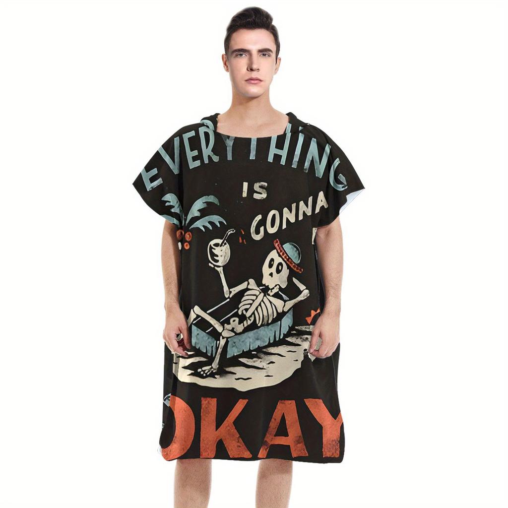 Lustiges Skelett Alles Wird Gut Kapuzen-Strandtuch Flachdruck Schnelltrocknend Poncho Surf-Umkleidebademantel für Herren Damen