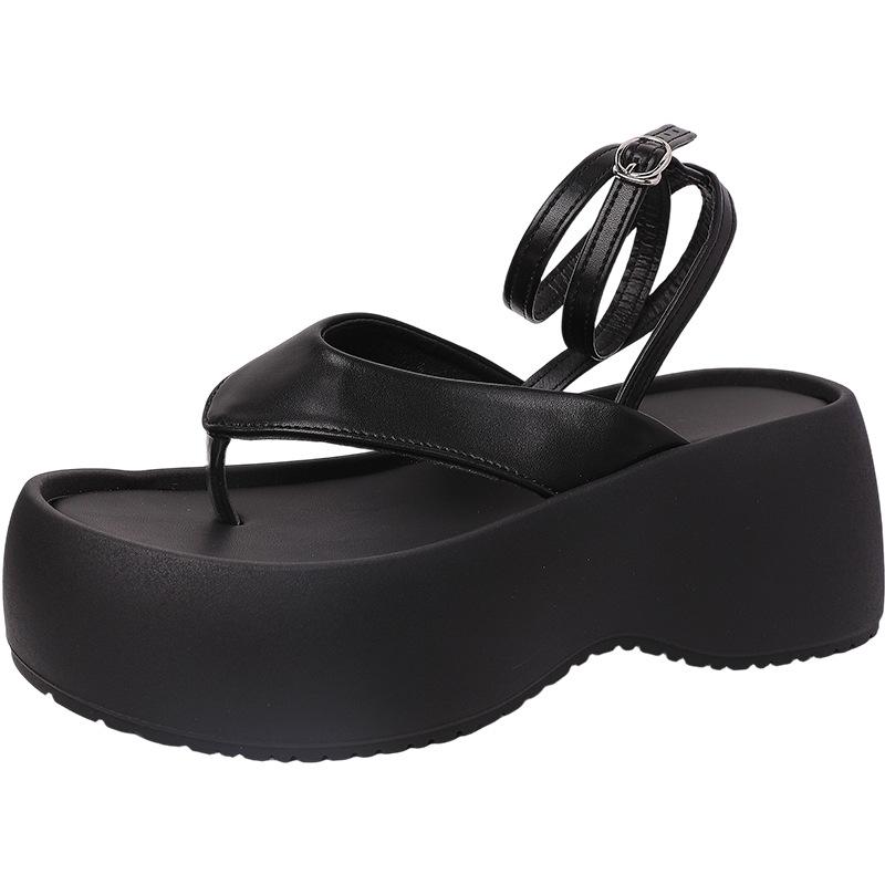 Small Black Strap-on Toe Platform Sandals Women's Fashion Heightened Wedge Heel Pinch Sandals