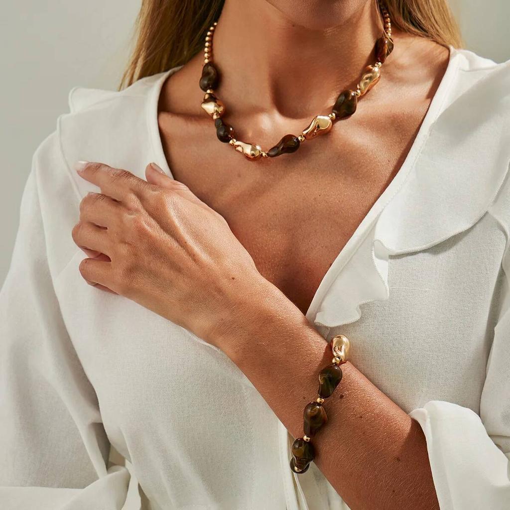 Salircon 7 Colors Boho Resin Acrylic Bead Choker Necklace Bracelet Set Women Vintage Elegant Banquet Party Bangles Jewelry Gifts