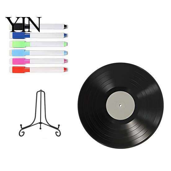 Reusable Drawing Surface Vinyl Record DIY Graffiti Clock Ornament, Blank Acrylic Retro Tabletop Wall Desktop Display Stands Decor with Stand,