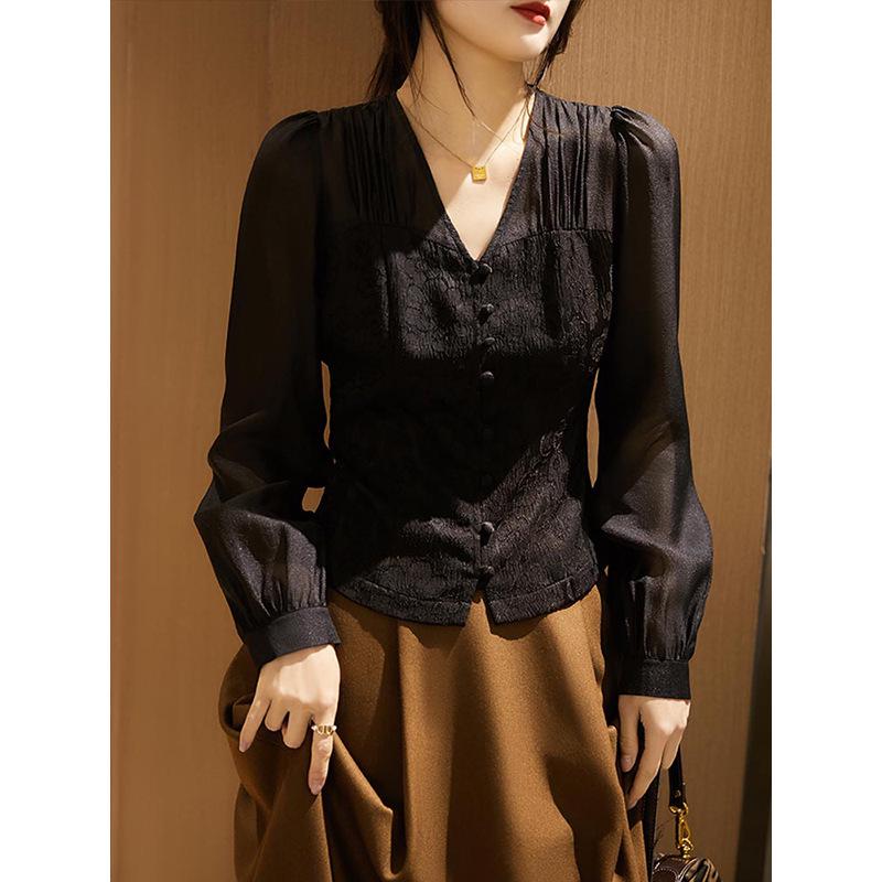 Clearance: Retro Chinese Style Puff Sleeve Jacquard Shirt