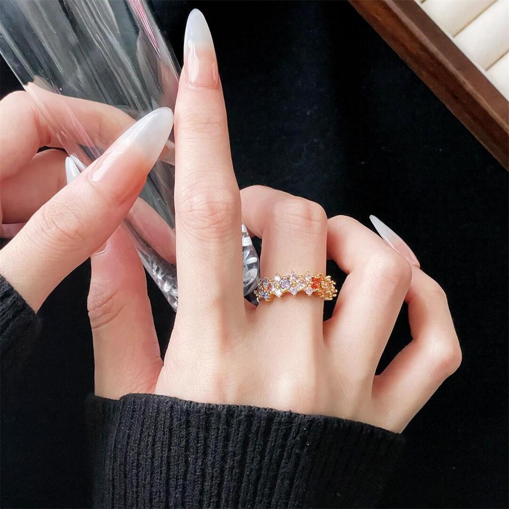 Retro Gold Colorful Sparkling Diamonds Niche Design Open Ring Court Style Exquisite Elegance Light Luxury High-End Ring