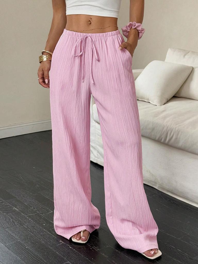 2026 Women's Casual Wide-Leg Pants with Knot Waist and Textured Fabric