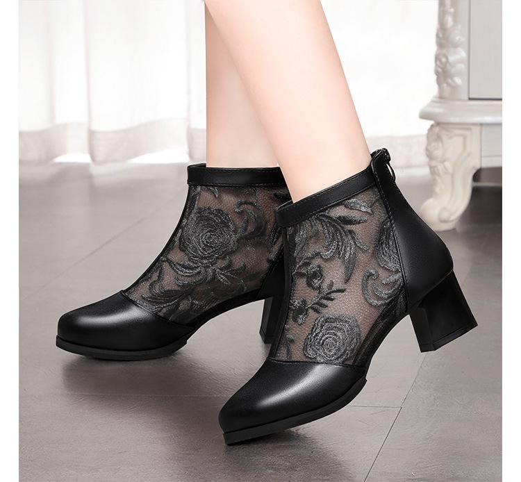 Women's Ethnic Style Mesh Boots - Semi-Closed Toe, Chunky Heel, Embroidered Spring/Summer 2024 Sandals