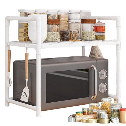 Microwave Shelf, Microwave Rack - Countertop Organization Rack, Adjustable Countertop Utility Storage Rack with Hooks for Kitchen