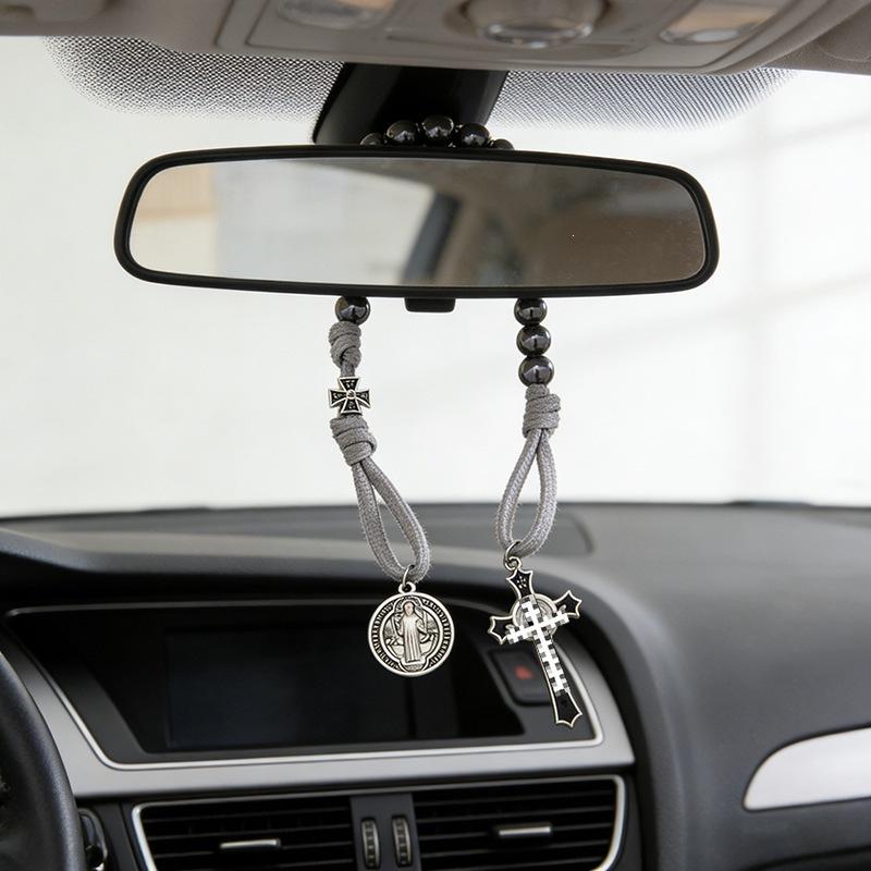 Handmade Alloy Cross Beaded Bracelet, Vintage Medal Charm Braided Rope Religious Wrist Ornament for Daily & Car Hanging