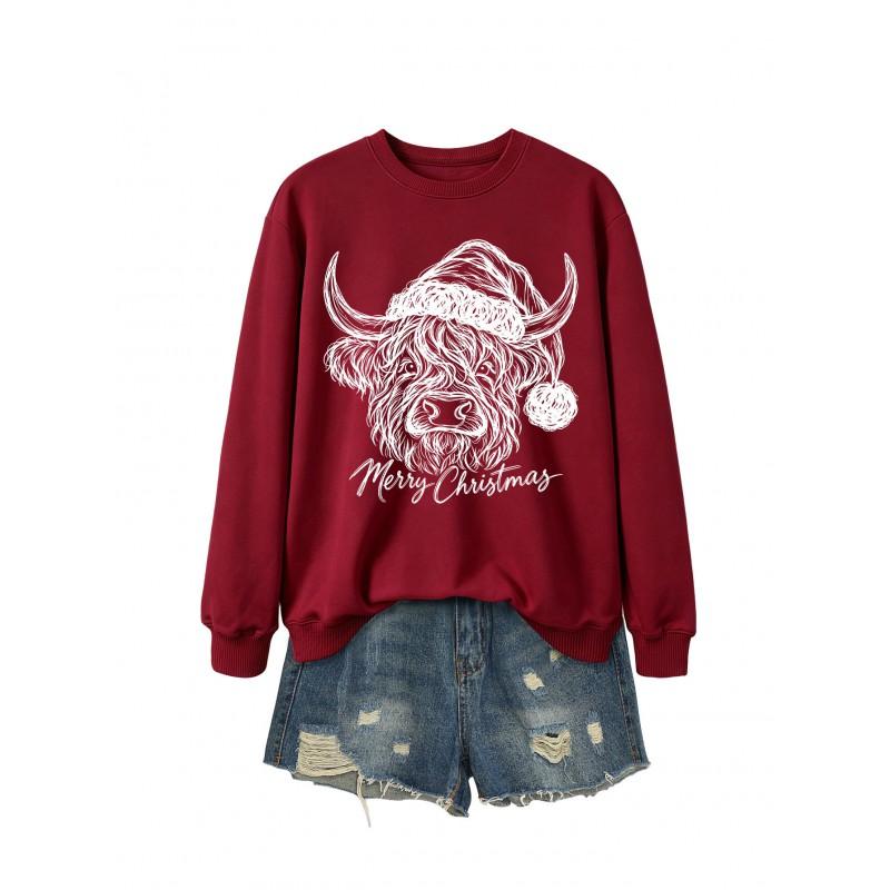 Womens Casual Fashion Christmas Yak Head Print Crewneck Sweatshirt Regular Fit Daily Wear