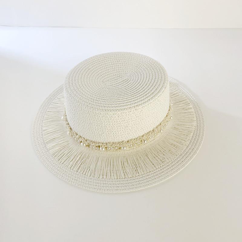 Стильная женская винтажная соломенная шляпа с жемчужной бахромой для защиты от солнца белый