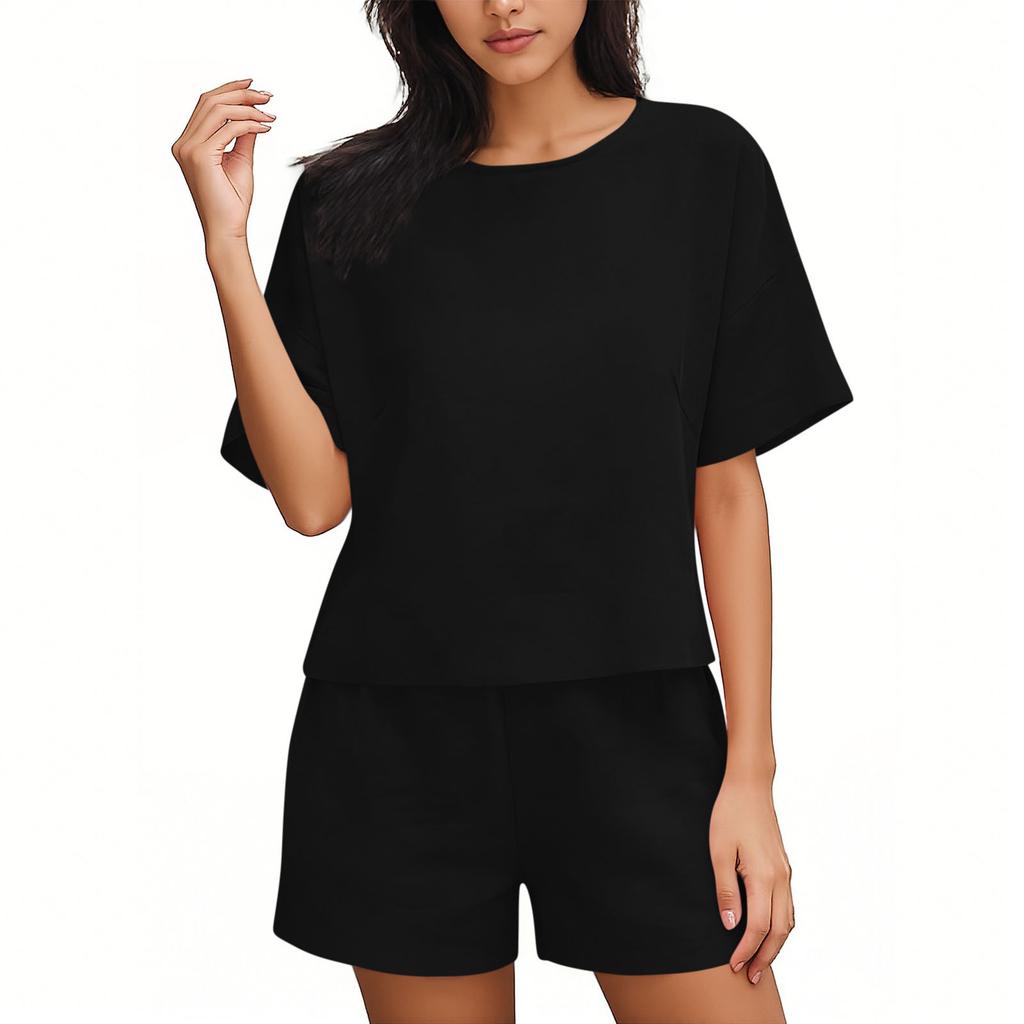 Fashionable Women's Color Casual Round Neck Loose Summer Shorts Top Set
