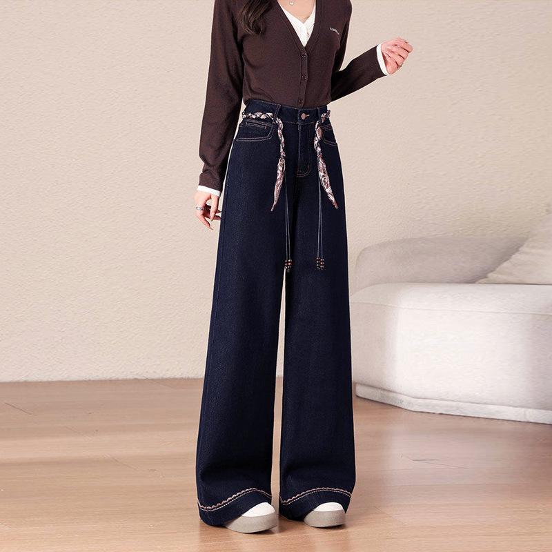Women s Dark Blue Wide-Leg Jeans - Loose, Floor-Length, Stylish & Versatile for Spring, Autumn, Winter 2026. XS