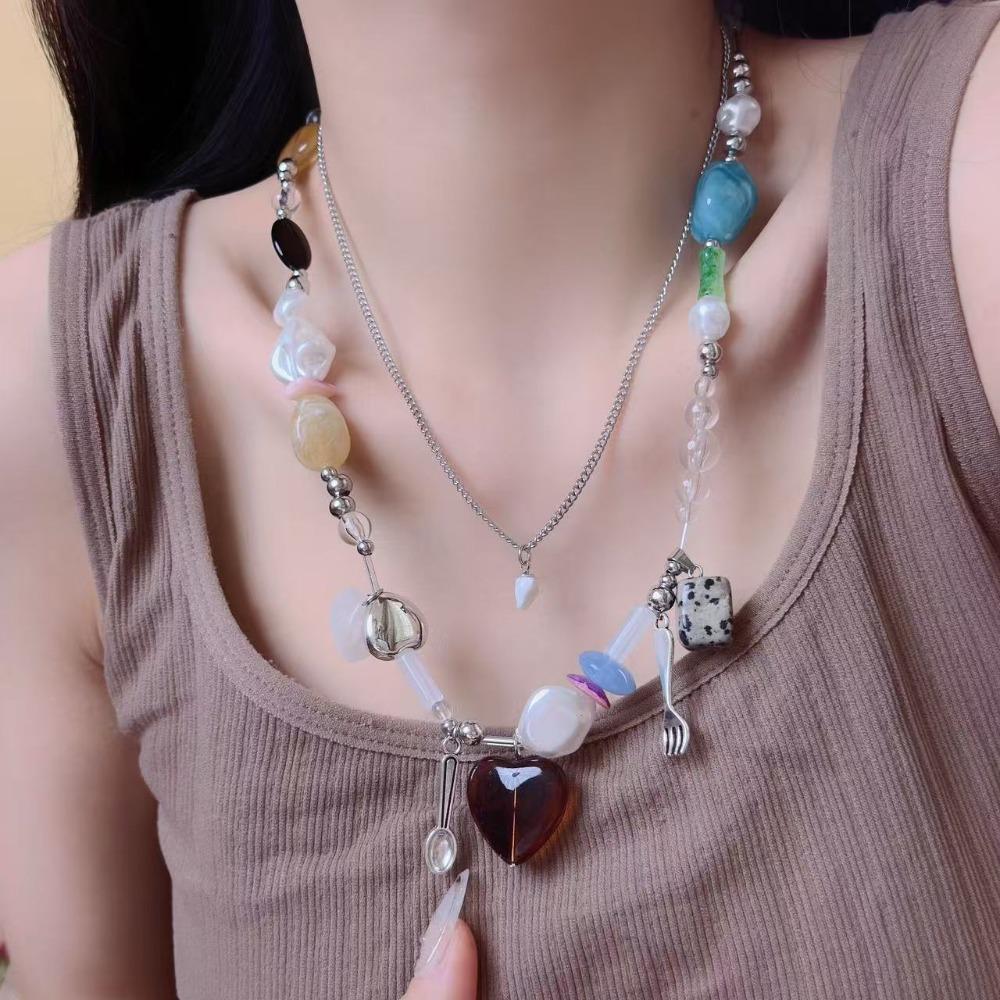 2pcs Double-layer Heart-shaped Pendant Necklace Fork Clavicle Chain Irregular Stone Necklace  Dating