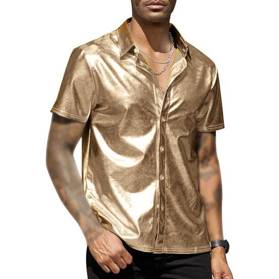 

Мужская летняя рубашка с глянцевой поверхностью, отложным воротником, однобортным кардиганом, свободная, для вечеринок, средней длины M золотистый