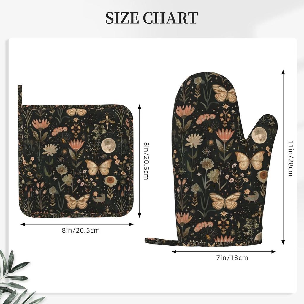 Oven Mitts Pot Holders Set Vintage Butterfly Moon Flower Silicone Kitchen Gloves Potholders Heat Resistant for Chef Baking Cooking Grilling BBQ 4
