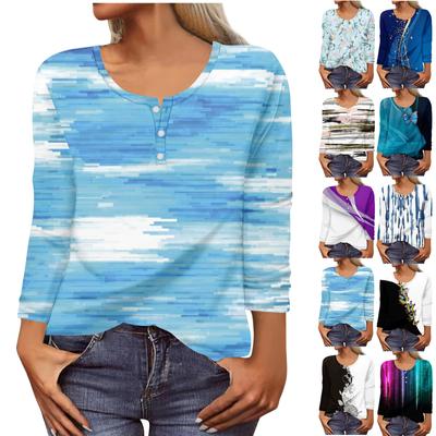 Women's New Button-Down Fashion Print Long Sleeves T-Shirt Slim Top Casual Tops