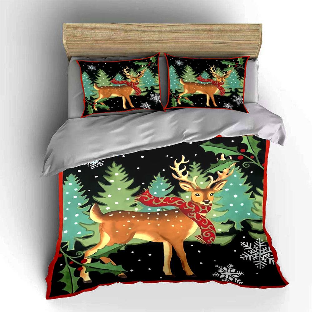 Christmas Deer with Red Scarf Bedding Duvet Cover Set Duvet Cover Pillowcases (1*Duvet Cover 2*Pillowcases, Without Duvet Insert)