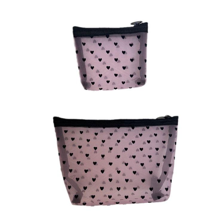 Ins Mesh Makeup Bag, Heart-shaped Storage Bag, Large Capacity, Toiletry Bag, Portable Cosmetics Storage Bag, Lightweight Design
