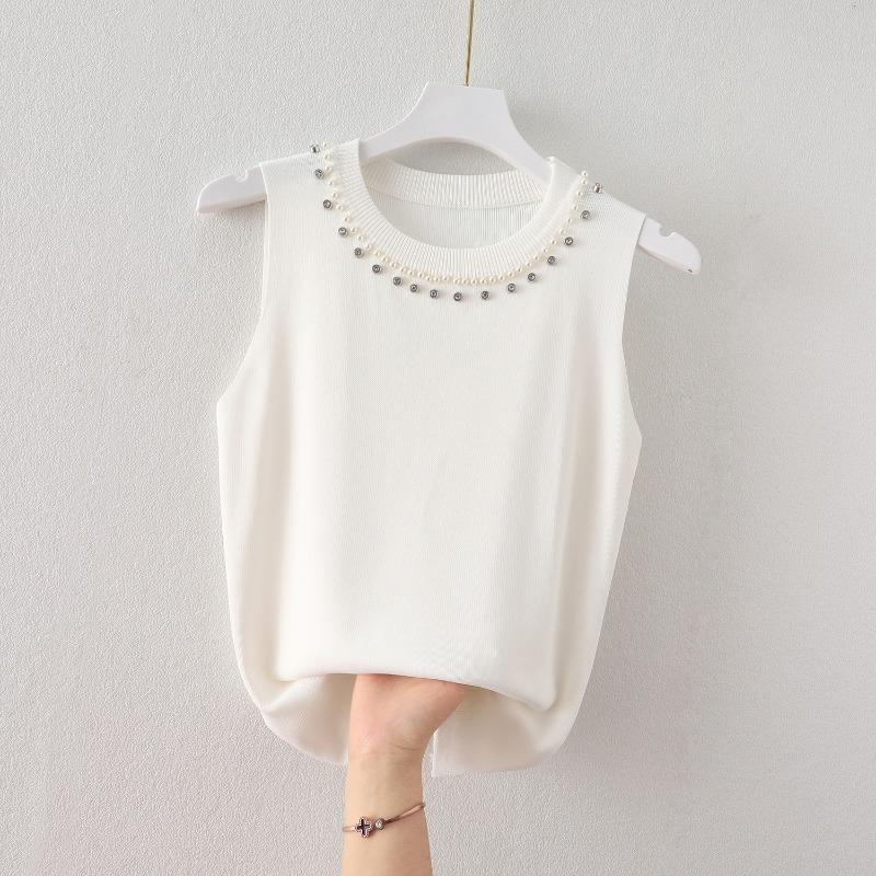 Women Summer New Round Neck Beading Tank Tops Elegant Slim Fit Knitted Casual Base Female Sleeveless Tanks Vest Simple Sweet Fashion Lady Camis 3115