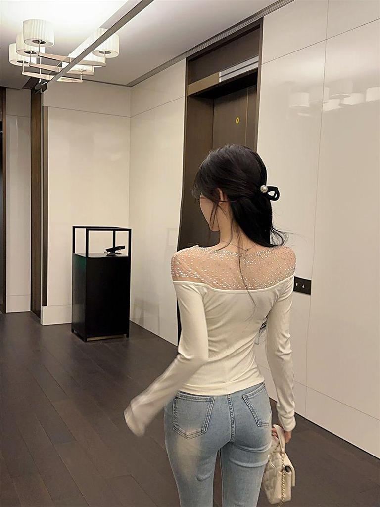 Women's Black Rhinestone One-Shoulder Long-Sleeve Slim Fit T-Shirt